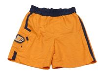 Oranžovo-tmavomodré sportovní kraťasy s nápisem 