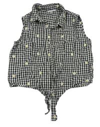 Černo-bílý kostkovaný květovaný halenkový crop top s vázáním Primark