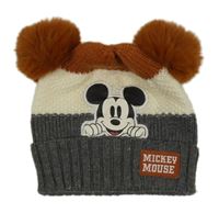 Antracitovo-bílo-hnědá čepice s Mickeym a bambulemi Primark
