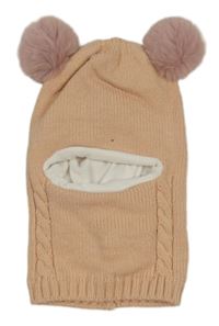 Růžová pletená kukla s bambulemi 