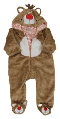 Hnědo-bílá plyšová kombinéza s kapucí - sob 