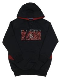 Tmavomodro-vínová mikina s potiskem a kapucí 