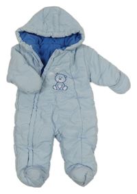 Světlemodrá šusťáková zimní kombinéza s medvídkem a kapucí 