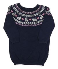 Tmavomodro-bílo-růžové svetrové vzorované šaty s králíky Primark
