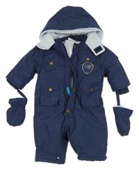 Tmavomodrá šusťáková zimní kombinéza s nášivkou a kapucí + rukavice 