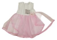 Nové - Bílo-růžové slavnostní šaty s tylovou sukní a 3D květem 