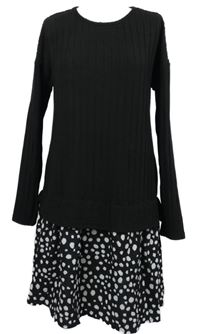 Dámské černé žebrované šaty s puntíkovanou sukní 