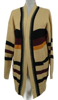 Dámský béžovo-černo-vínový pruhovaný svetrový cardigán 