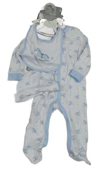 Nové- 3set- bílo-modrý overal s koníky+ čepice+ bryndák 
