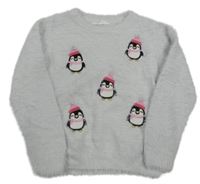 Světlešedý chlupatý svetr s tučňáky Primark