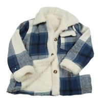 Tmavomodro-bílo-černá kostkovaná zateplená flaušová bunda Shein