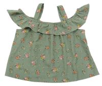 Khaki crop top s květinami a volány