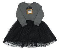 Šedo-černé teplákovo/tylové šaty s flitry 