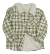 Khaki-bílá kostkovaná zateplená košilová bunda Tu