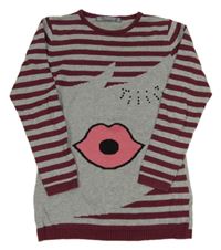 Šedo-vínový pruhovaný svetr s rty Terranova 