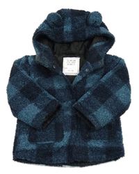 Tmavomodrá kostkovaná huňatá zateplená bunda s kapucí Matalan