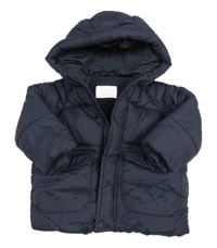 Tmavomodrá prošívaná šusťáková zimní bunda s kapucí ZARA