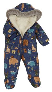 Tmavomodrá šusťáková zimní kombinéza se zvířaty a kapucí George