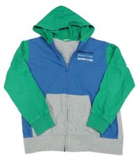 Modro-zeleno-šedá propínací mikina s nápisem a kapucí Benetton