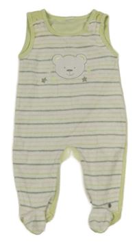 Bílo-zelenkavé pruhované sametové dupačky s medvídkem 