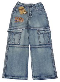 Nové - Tmavomodro-bílé melírované rifle s výšivkou 