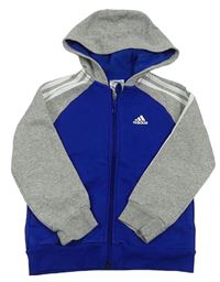 Safírovo-šedá propínací mikina s pruhy a kapucí zn. Adidas 