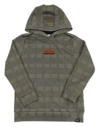 Béžovo-černo-hnědá kostkovaná mikina s nápisem a kapucí Retour