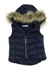 Tmavomodrá šusťáková prošívaná zateplená vesta s odepínací kapucí H&M