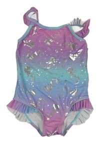 Fialovo-růžovo-tyrkysové jednodílné plavky s mořskými pannami 