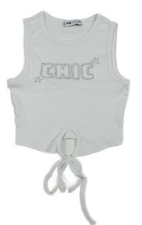 Bílý žebrovaný crop top s nápisem z kamínků FB Sister