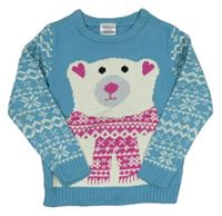 Azurový pletený svetr s medvídkem a vzorem a vločkami Lily & Dan