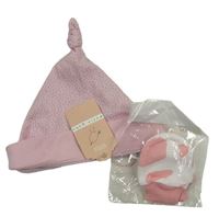 2set -  Světlerůžová puntíkatá čepice M&S + růžovo/bílé vzorované rukavice 