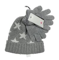 Nové - 2set - Šedá melírovaná čepice s bílými hvězdičkami a třpytkami a bambulí + prstové rukavice F&F