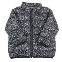 Tmavomodrá prošívaná šusťáková zateplená bunda s kytičkami a ukrývací kapucí Zara