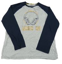 Šedo-tmavomodré melírované pyžamové triko se sluchátky a nápisem YIGGA