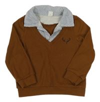 Hnědá žebrovaná mikina s parohy a všitou košilí SHEIN