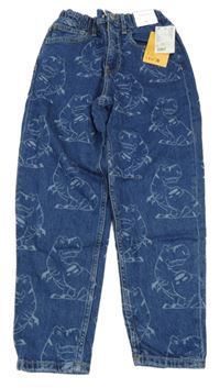 Nové - modré loose fit waist tapered leg rifle s dinosaury H&M