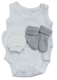 3set- Bílé body + Šedé ponožky + Krémové novorozenecké rukavice M&S