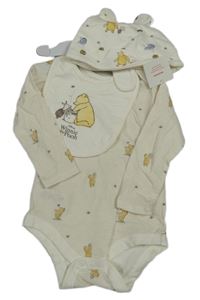 Nové - Krémovo-béžové pruhované body s Púem + slinták + bavlněná čepice Tu