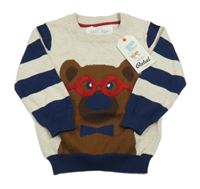 Nové - Béžovo-tmavomodrý svetr s medvědem a pruhy na rukávech Rebel