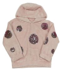 Růžová chlupatá mikina s puntíky z překlápěcích flitrů a kapucí Dunnes