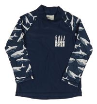 Tmavomodré UV triko se žraloky a velrybami H&M