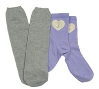 2x ponožky - levandulové se srdcem + šedé melírované