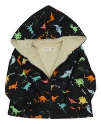 Černá šusťáková zateplená bunda s dinosaury a kapucí Shein