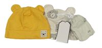 3set - Žlutá bavlněná čepice - Pú + světlebéžová s medvědy + světlešedé rukavičky se zvířaty