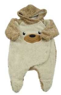 Béžovo-hnědá chlupatá podšitá kombinéza s medvědem a kapucí Dopodopo