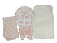 Nové - 7set - Bílý květovaný overal + čepice + body + bílé propínací triko + deka + slinták + světlerůžové legíny