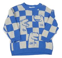 Modro-béžový kostkovaný svetr s dinosaury H&M