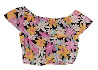 Růžovo-oranžovo-černý květovaný lehký crop top s volánkem New Look