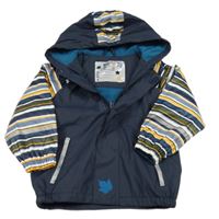 Tmavomodrá nepromokavá jarní bunda s barevnými pruhovanými rukávy a kapucí Lupilu